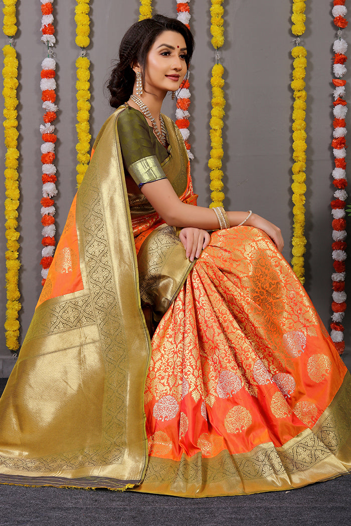 Orange & Olive Green Banarasi Silk Saree with Gold Zari Pallu