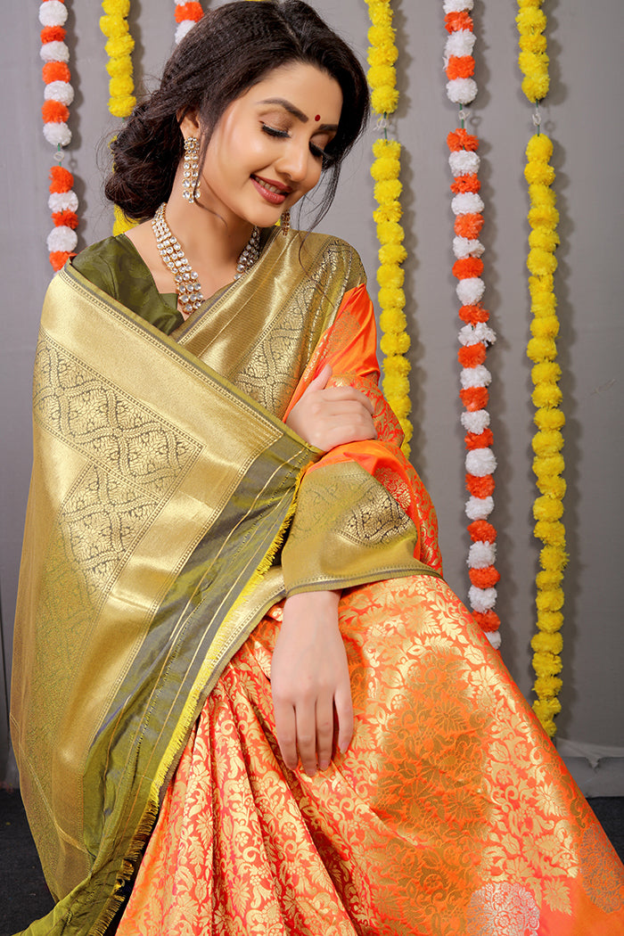 Orange & Olive Green Banarasi Silk Saree with Gold Zari Pallu