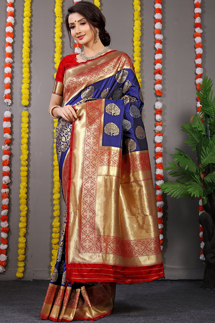 Royal Blue and Red Banarasi Silk Saree with Gold Zari Work