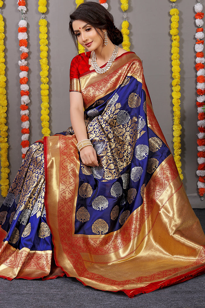 Royal Blue and Red Banarasi Silk Saree with Gold Zari Work