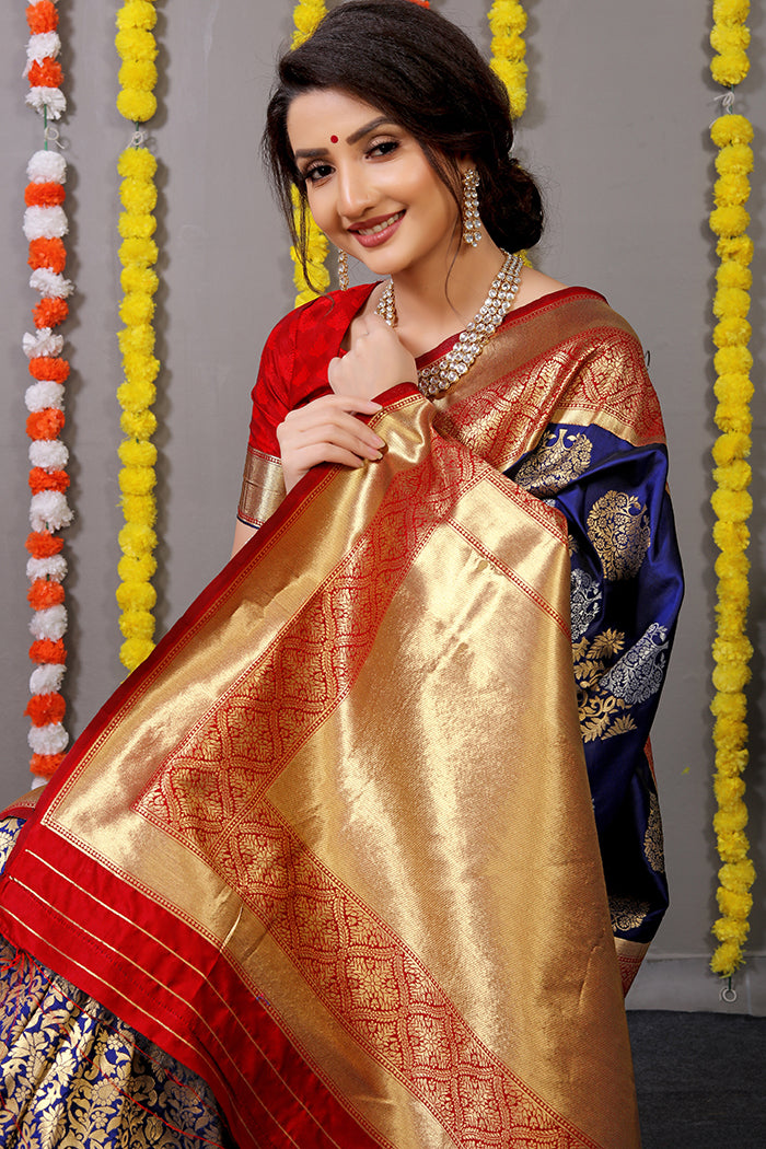 Royal Blue and Red Banarasi Silk Saree with Gold Zari Work