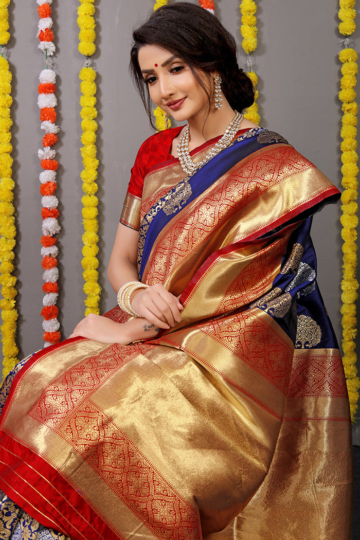 Royal Blue and Red Banarasi Silk Saree with Gold Zari Work