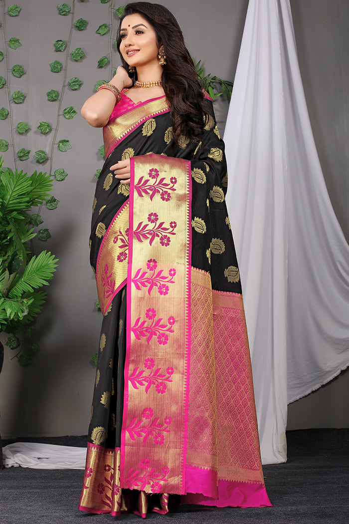 “Elegant Black Silk Saree with Pink and Gold Floral Border