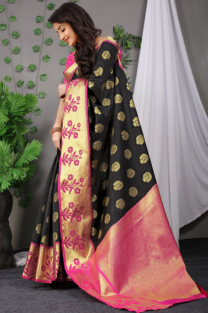 “Elegant Black Silk Saree with Pink and Gold Floral Border