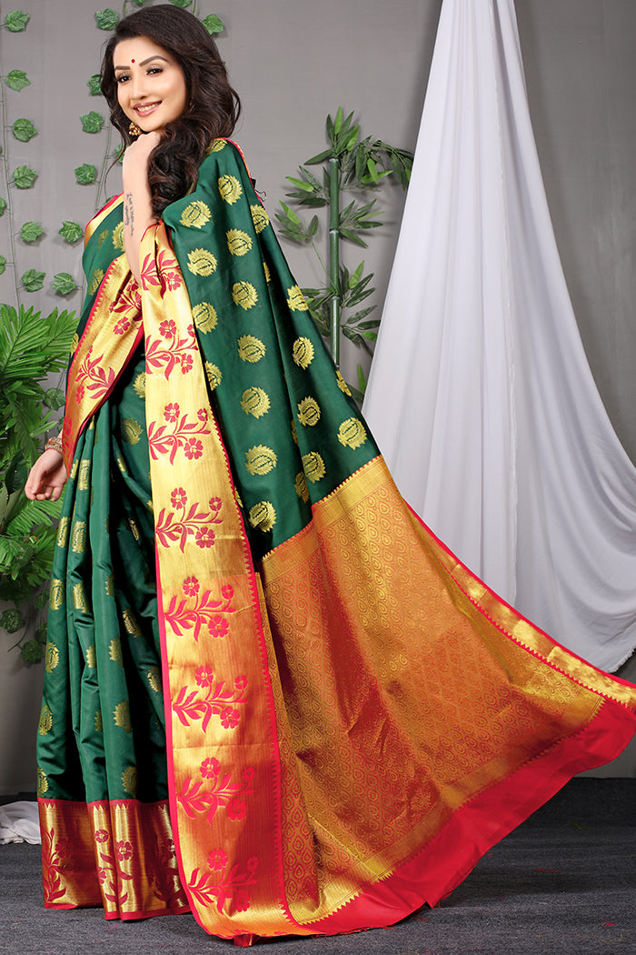 Royal Green Banarasi Silk Saree with Gold Zari & Red Floral Pallu