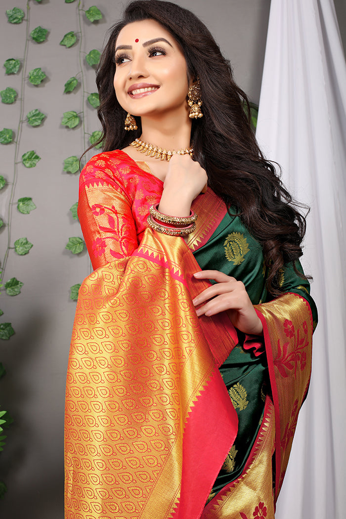 Royal Green Banarasi Silk Saree with Gold Zari & Red Floral Pallu