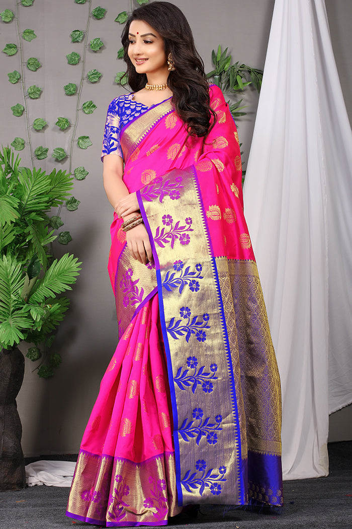 Vibrant Pink Banarasi Silk Saree with Royal Blue Floral Zari Pallu & Gold Motifs