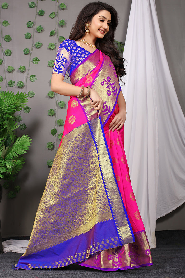 Vibrant Pink Banarasi Silk Saree with Royal Blue Floral Zari Pallu & Gold Motifs