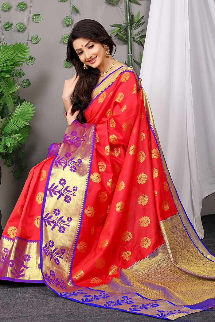 Regal Red Banarasi Silk Saree with Royal Blue Floral Zari Pallu and Gold Woven Buttas
