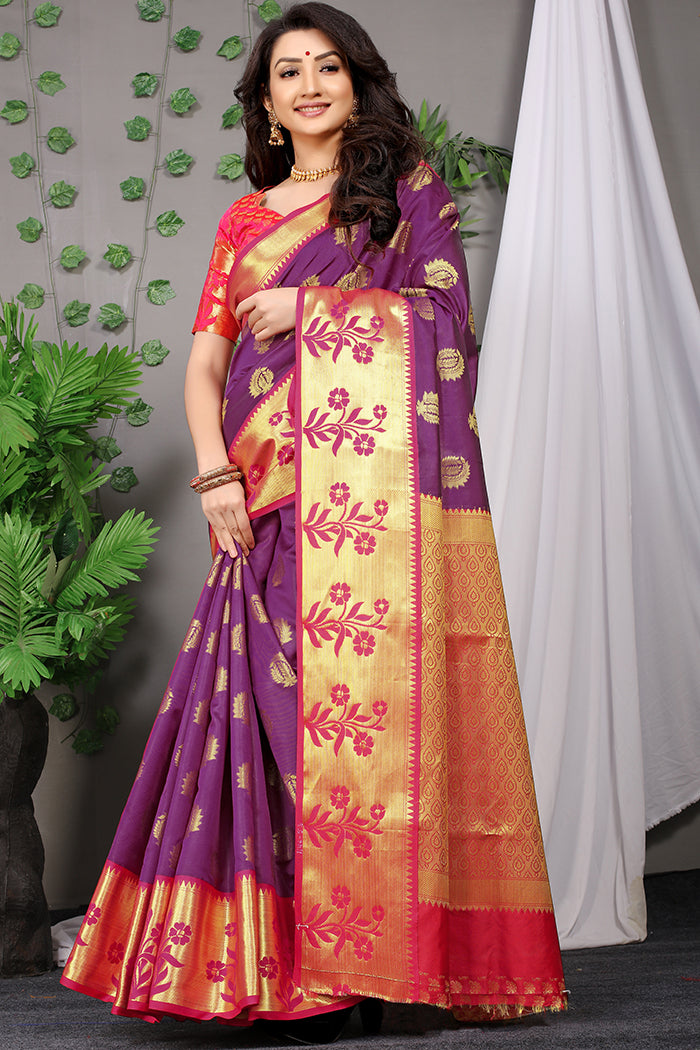 Royal Purple Banarasi Silk Saree with Golden Pallu and Pink Floral Zari Work