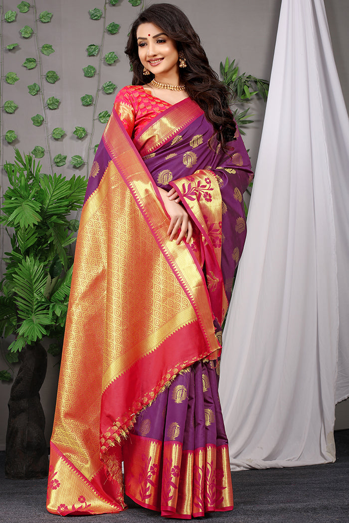 Royal Purple Banarasi Silk Saree with Golden Pallu and Pink Floral Zari Work