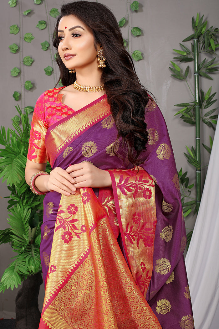 Royal Purple Banarasi Silk Saree with Golden Pallu and Pink Floral Zari Work