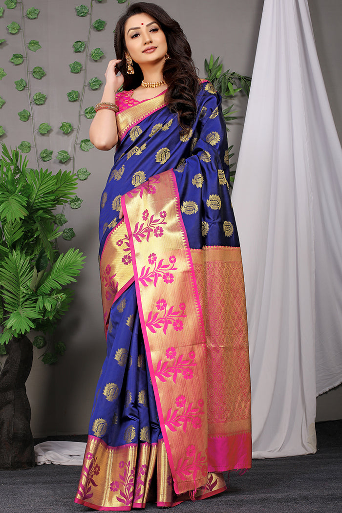 Royal Blue Banarasi Silk Saree with Pink Floral Zari and Golden Pallu