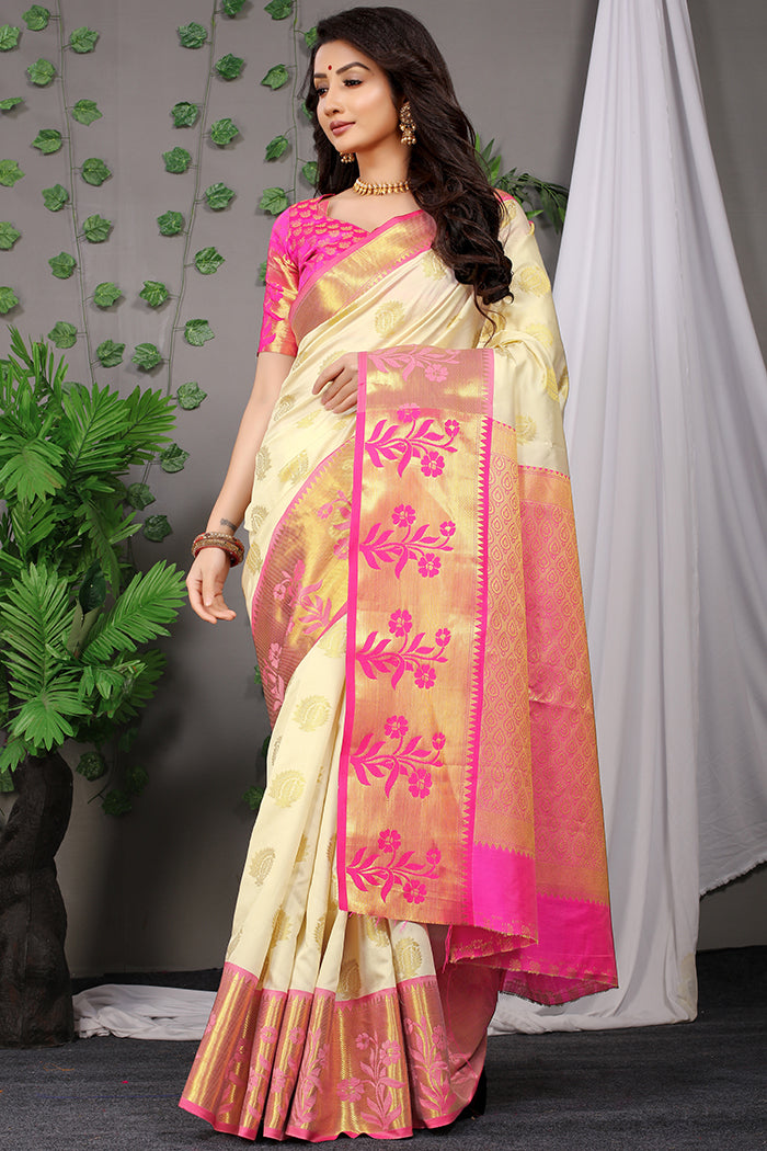 Cream White Banarasi Silk Saree with Pink Floral Zari and Golden Motifs