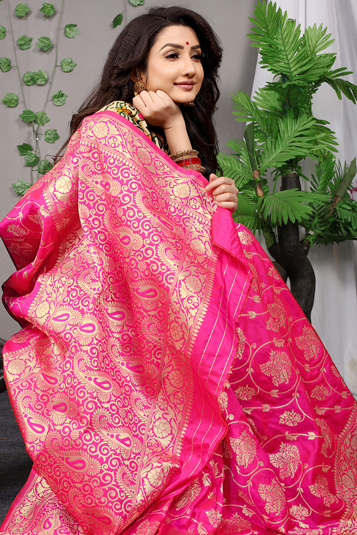 Radiant Hot Pink Banarasi Silk Saree with Rich Golden Zari Work