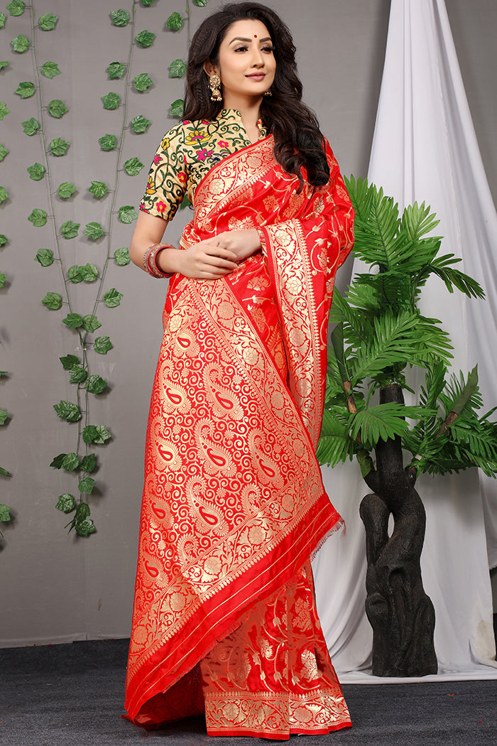 Radiant Red Banarasi Silk Saree with Rich Golden Zari Work