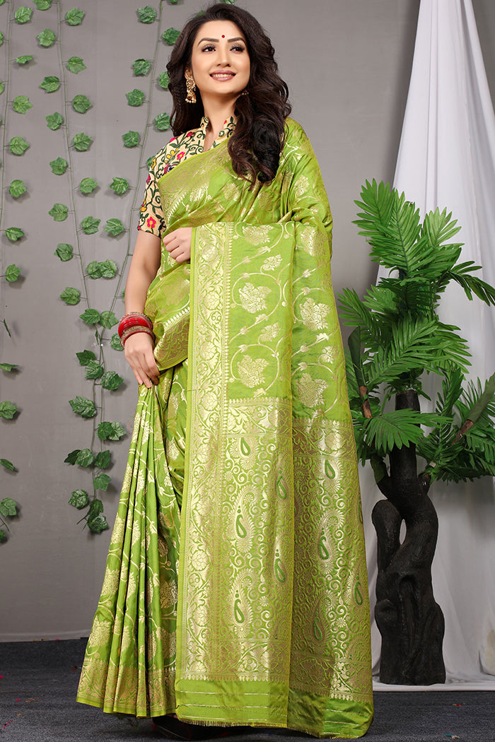 Lime Green Banarasi Silk Saree with Golden Zari Work