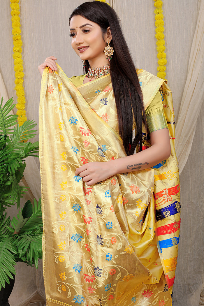Elegant Pastel Yellow Banarasi Silk Saree with Multicolor Floral Zari Weave