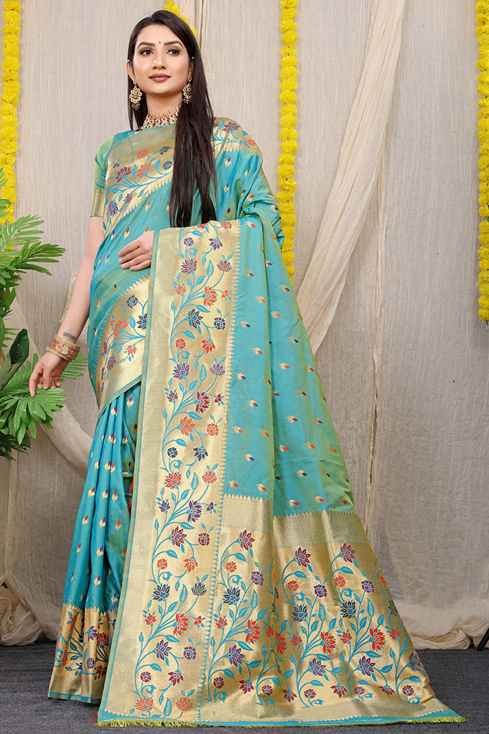 Elegant Turquoise Green Banarasi Silk Saree with Golden Zari Floral Weave