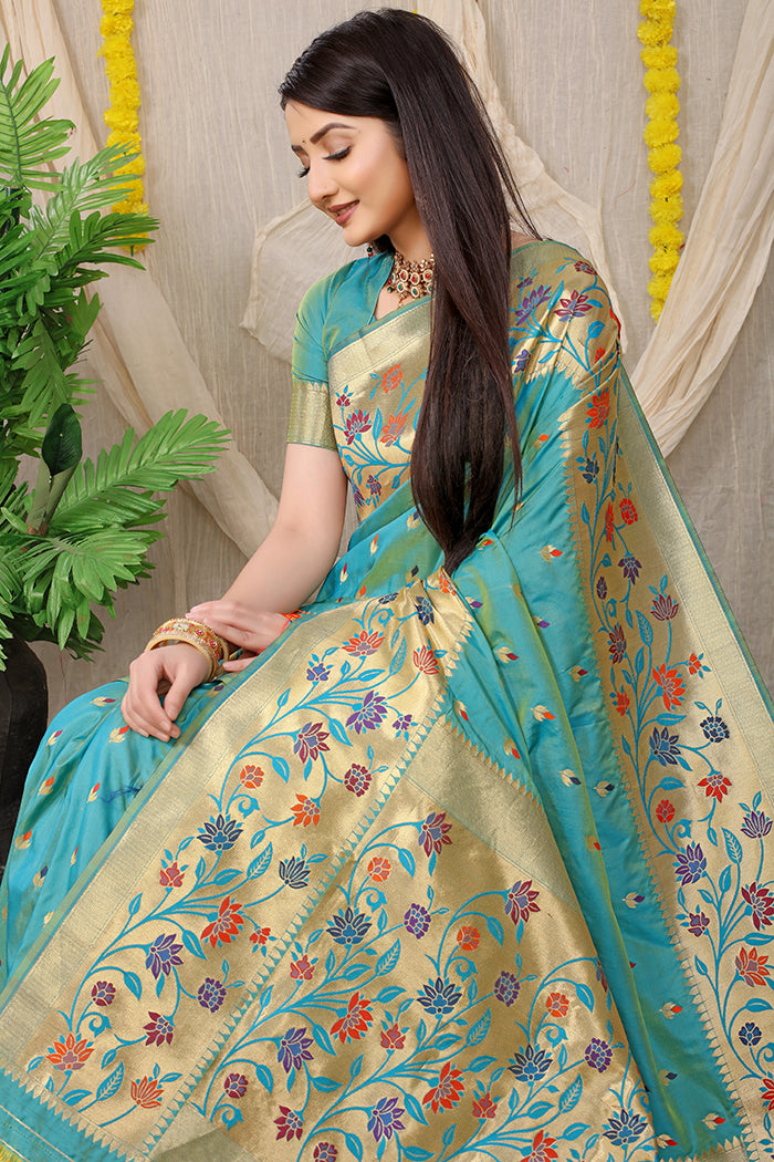 Elegant Turquoise Green Banarasi Silk Saree with Golden Zari Floral Weave