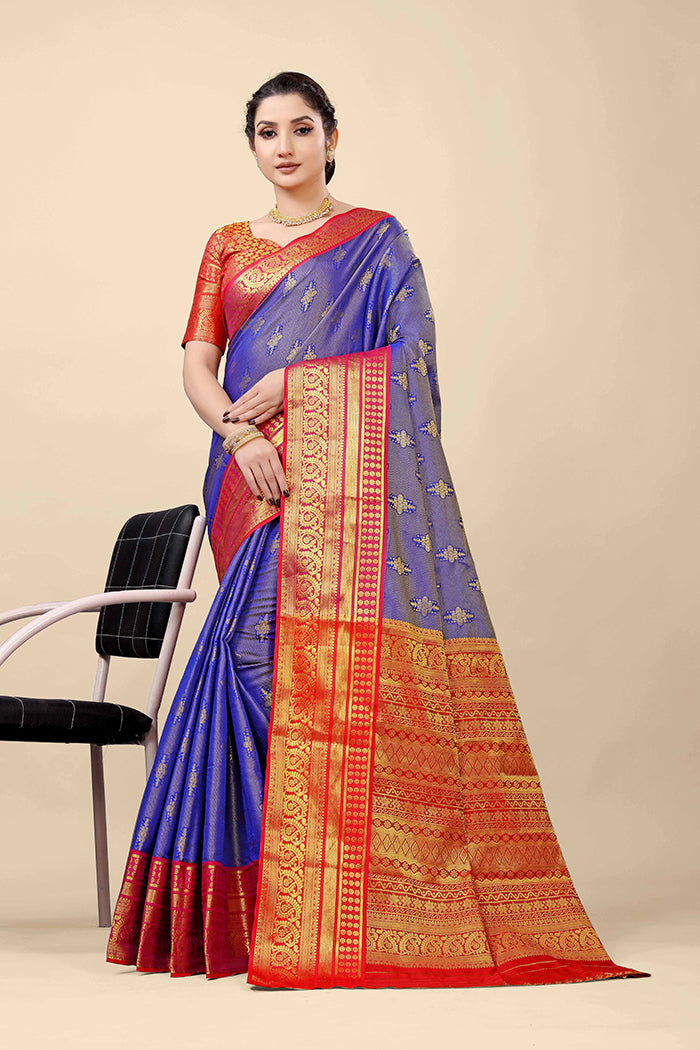 Royal Blue Banarasi Silk Saree with Red Zari Border and Golden Motifs