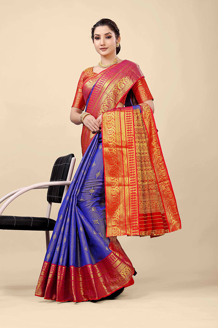Royal Blue Banarasi Silk Saree with Red Zari Border and Golden Motifs