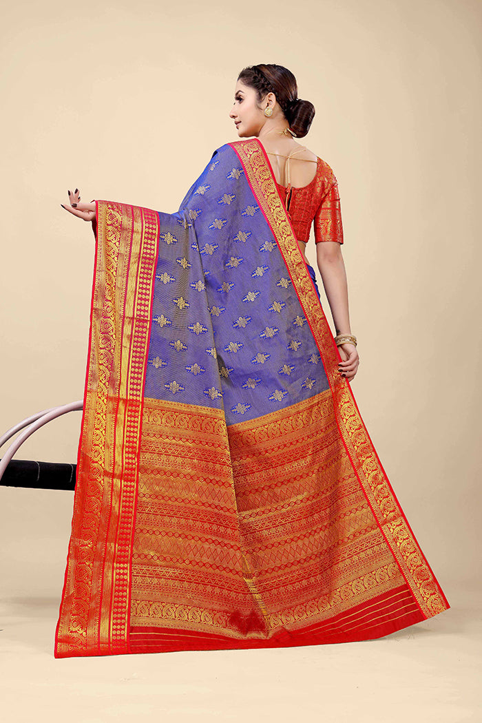 Royal Blue Banarasi Silk Saree with Red Zari Border and Golden Motifs