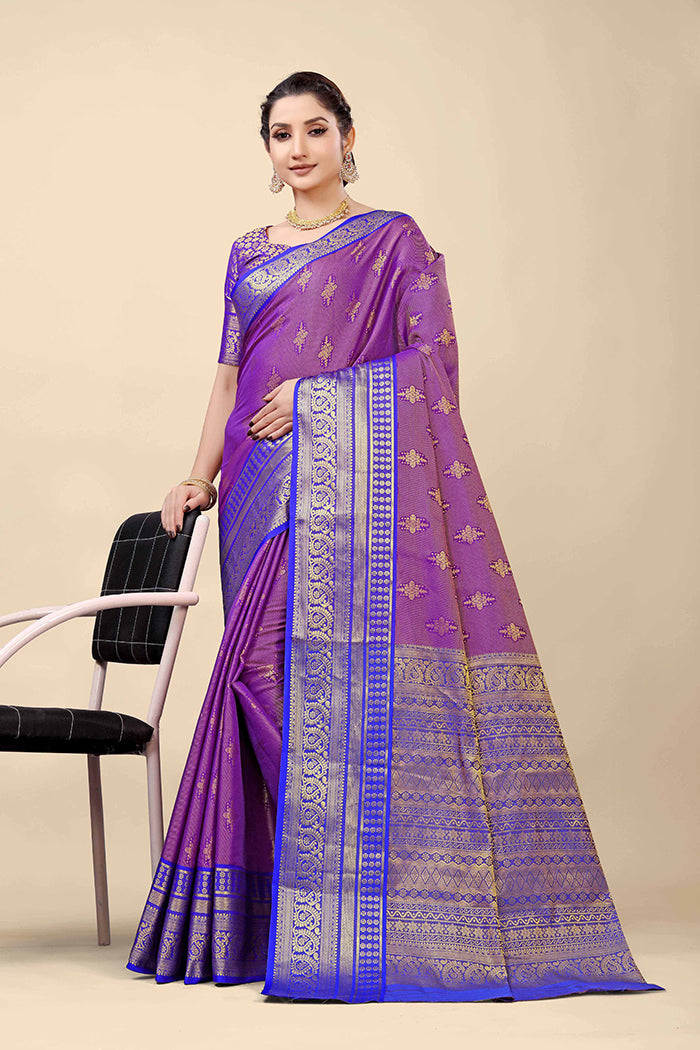 Violet Banarasi Silk Saree with Royal Blue Zari Border and Golden Motifs