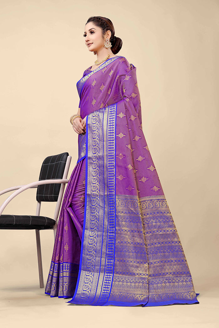 Violet Banarasi Silk Saree with Royal Blue Zari Border and Golden Motifs
