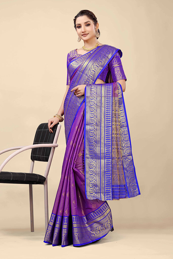Violet Banarasi Silk Saree with Royal Blue Zari Border and Golden Motifs