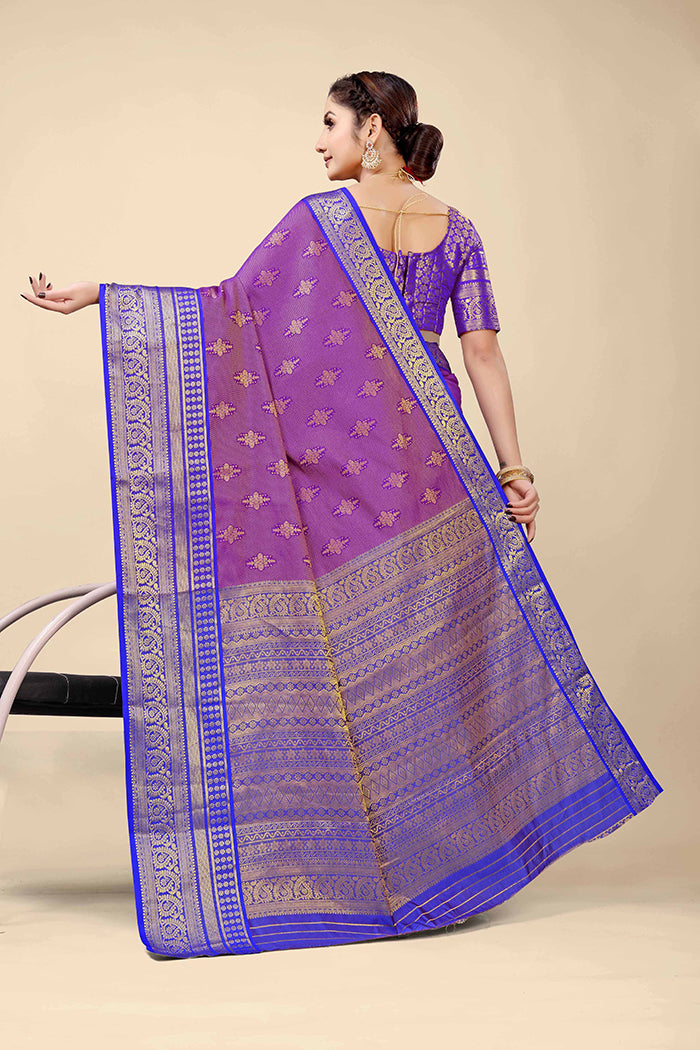 Violet Banarasi Silk Saree with Royal Blue Zari Border and Golden Motifs