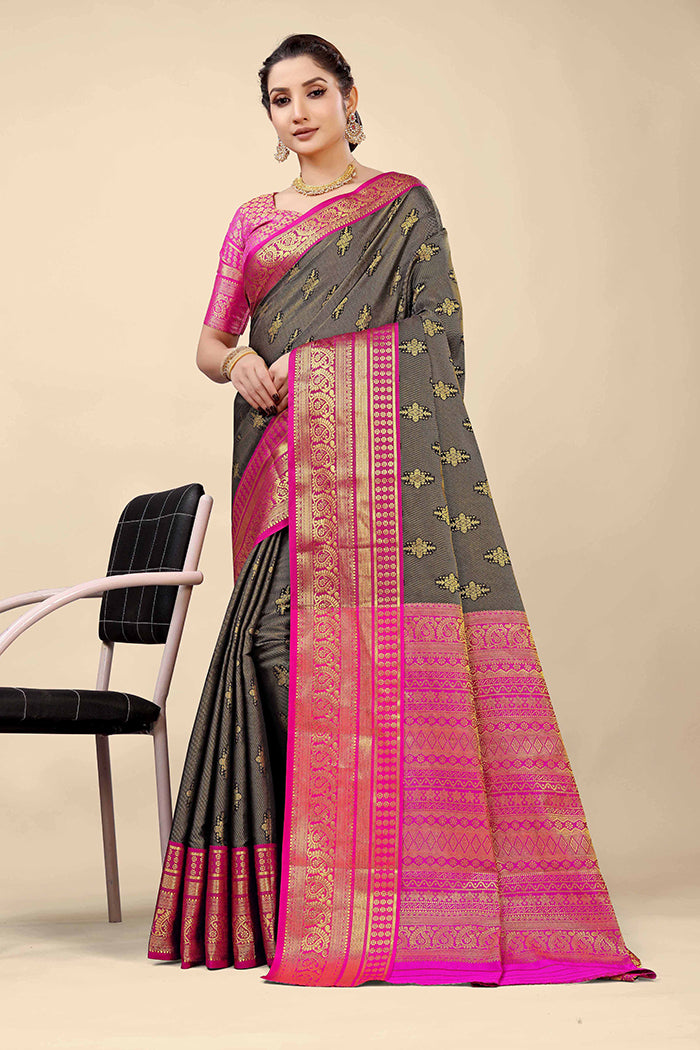 Charcoal Grey Banarasi Silk Saree with Hot Pink Zari Border and Golden Motifs