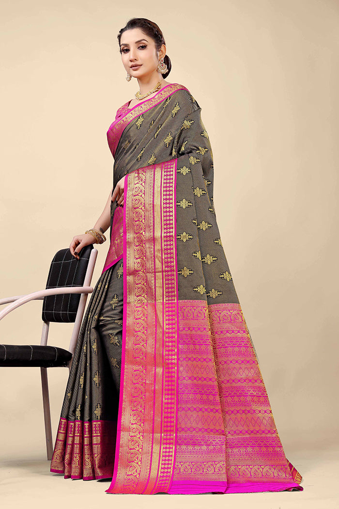 Charcoal Grey Banarasi Silk Saree with Hot Pink Zari Border and Golden Motifs