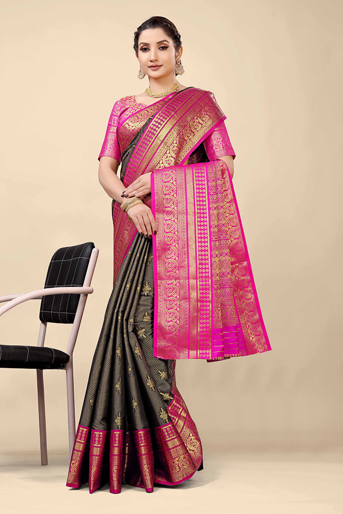 Charcoal Grey Banarasi Silk Saree with Hot Pink Zari Border and Golden Motifs