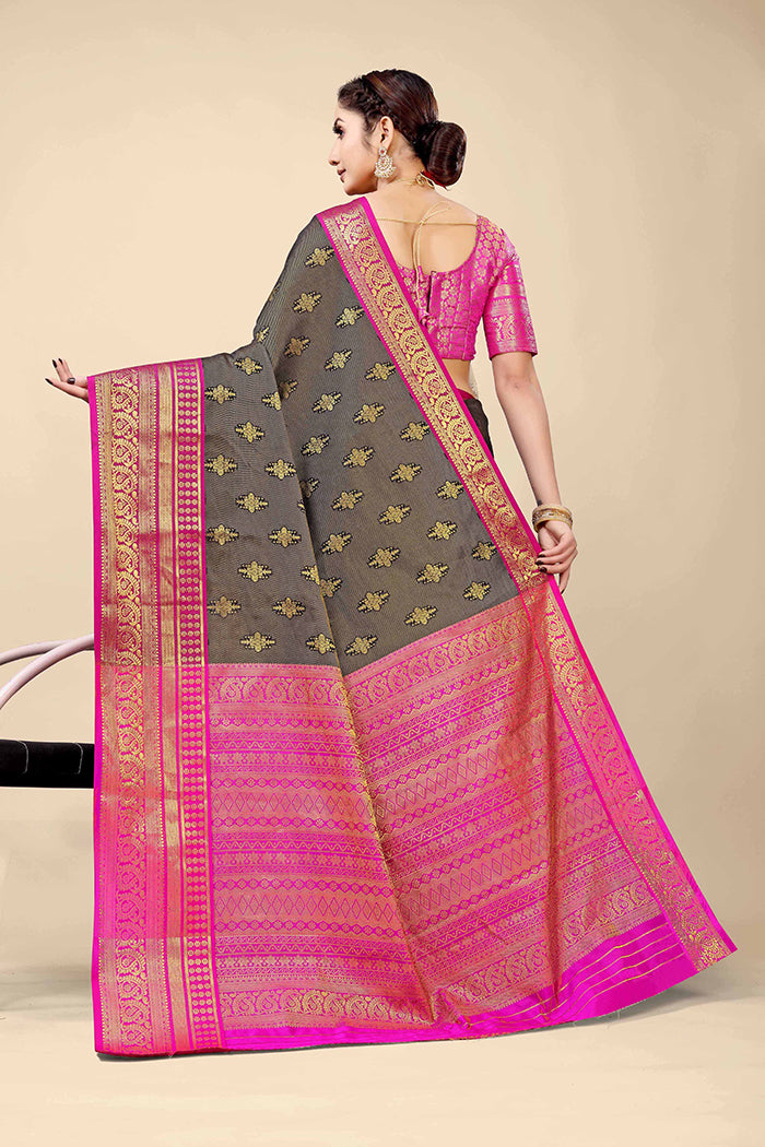 Charcoal Grey Banarasi Silk Saree with Hot Pink Zari Border and Golden Motifs