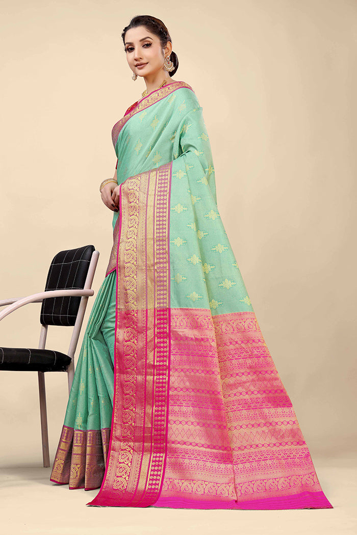 Mint Green Banarasi Silk Saree with Magenta Pink Zari Border and Golden Motifs