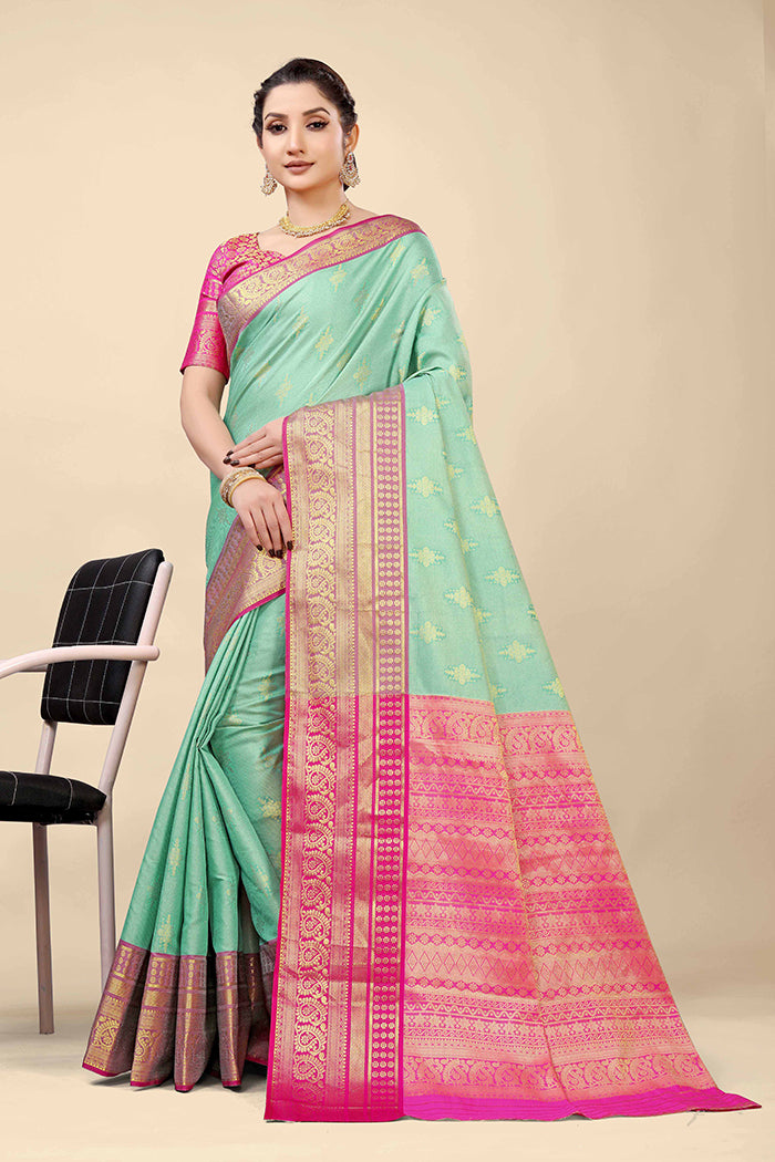 Mint Green Banarasi Silk Saree with Magenta Pink Zari Border and Golden Motifs