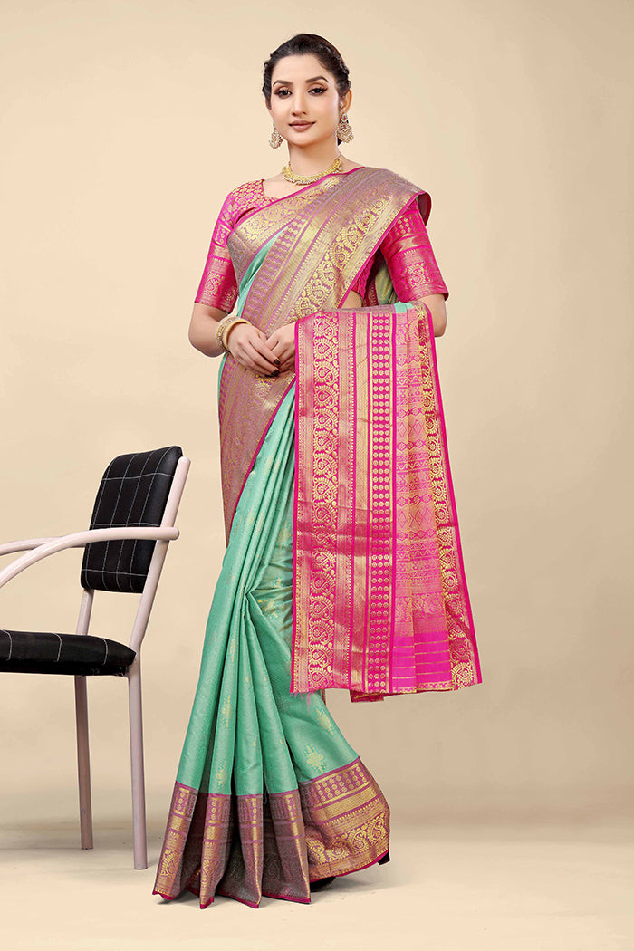 Mint Green Banarasi Silk Saree with Magenta Pink Zari Border and Golden Motifs