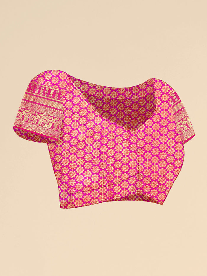 Mint Green Banarasi Silk Saree with Magenta Pink Zari Border and Golden Motifs