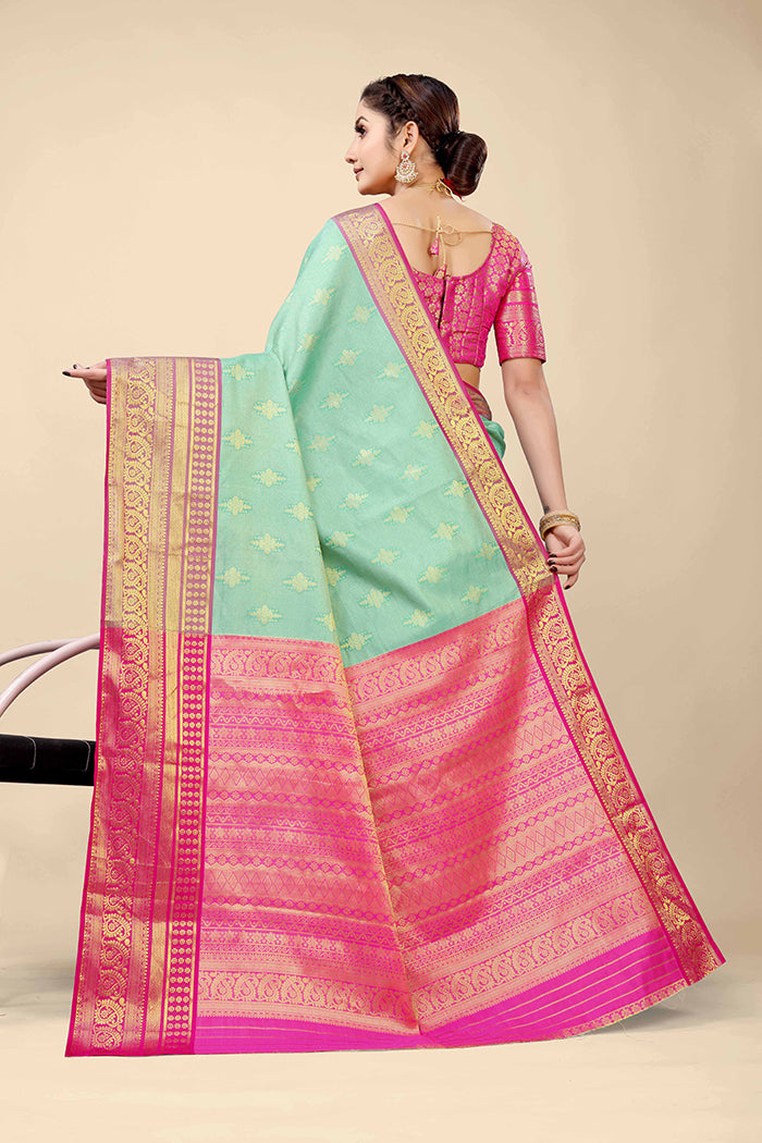 Mint Green Banarasi Silk Saree with Magenta Pink Zari Border and Golden Motifs