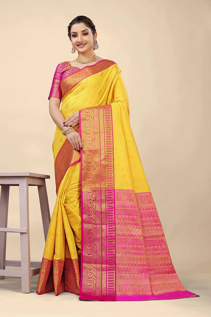 Radiant Yellow Banarasi Silk Saree with Magenta Pink Zari Border and Golden Motifs