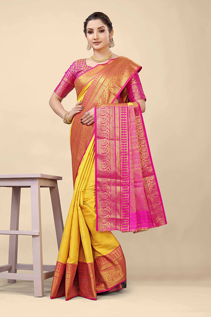 Radiant Yellow Banarasi Silk Saree with Magenta Pink Zari Border and Golden Motifs