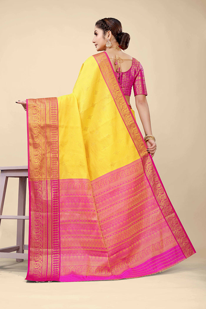 Radiant Yellow Banarasi Silk Saree with Magenta Pink Zari Border and Golden Motifs