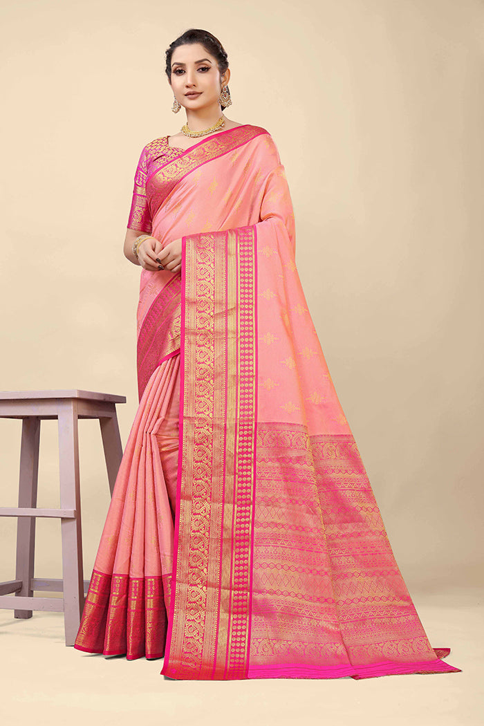 Elegant Peach-Pink Banarasi Silk Saree with Golden Zari and Magenta Border