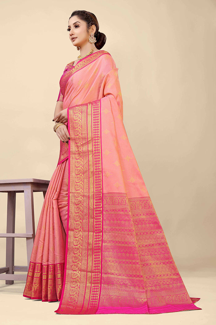 Elegant Peach-Pink Banarasi Silk Saree with Golden Zari and Magenta Border