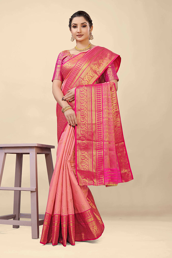Elegant Peach-Pink Banarasi Silk Saree with Golden Zari and Magenta Border