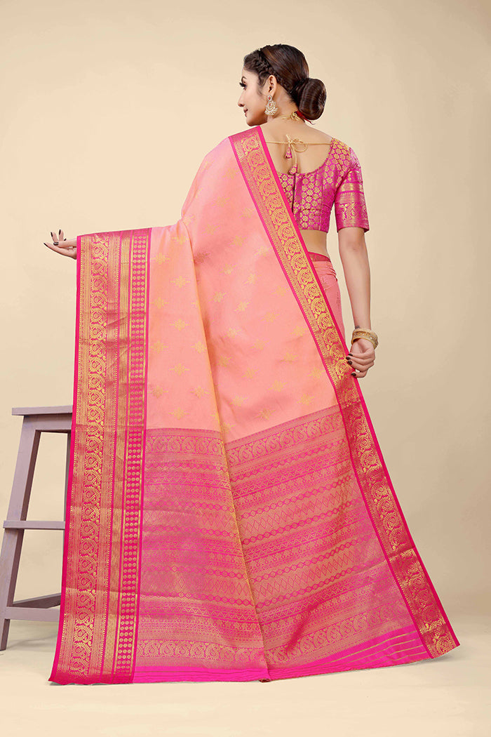 Elegant Peach-Pink Banarasi Silk Saree with Golden Zari and Magenta Border