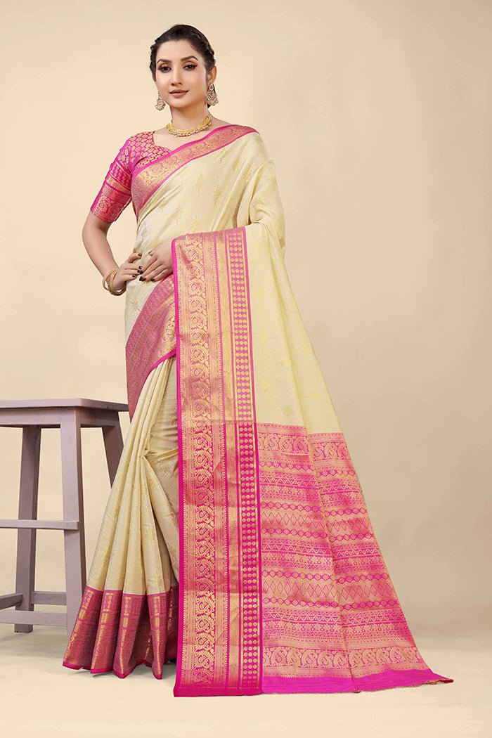 Elegant Cream and Pink Zari Work Saree with Gold Embroidery