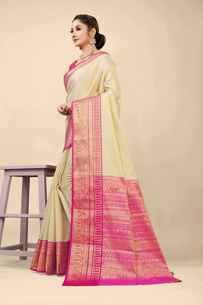 Elegant Cream and Pink Zari Work Saree with Gold Embroidery
