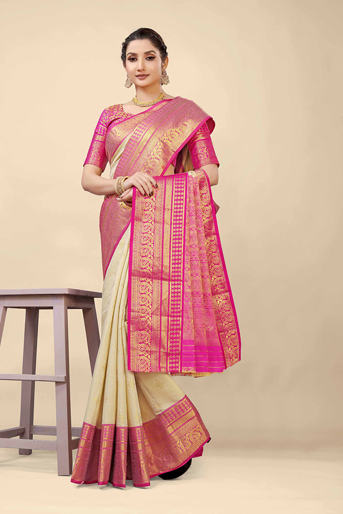 Elegant Cream and Pink Zari Work Saree with Gold Embroidery